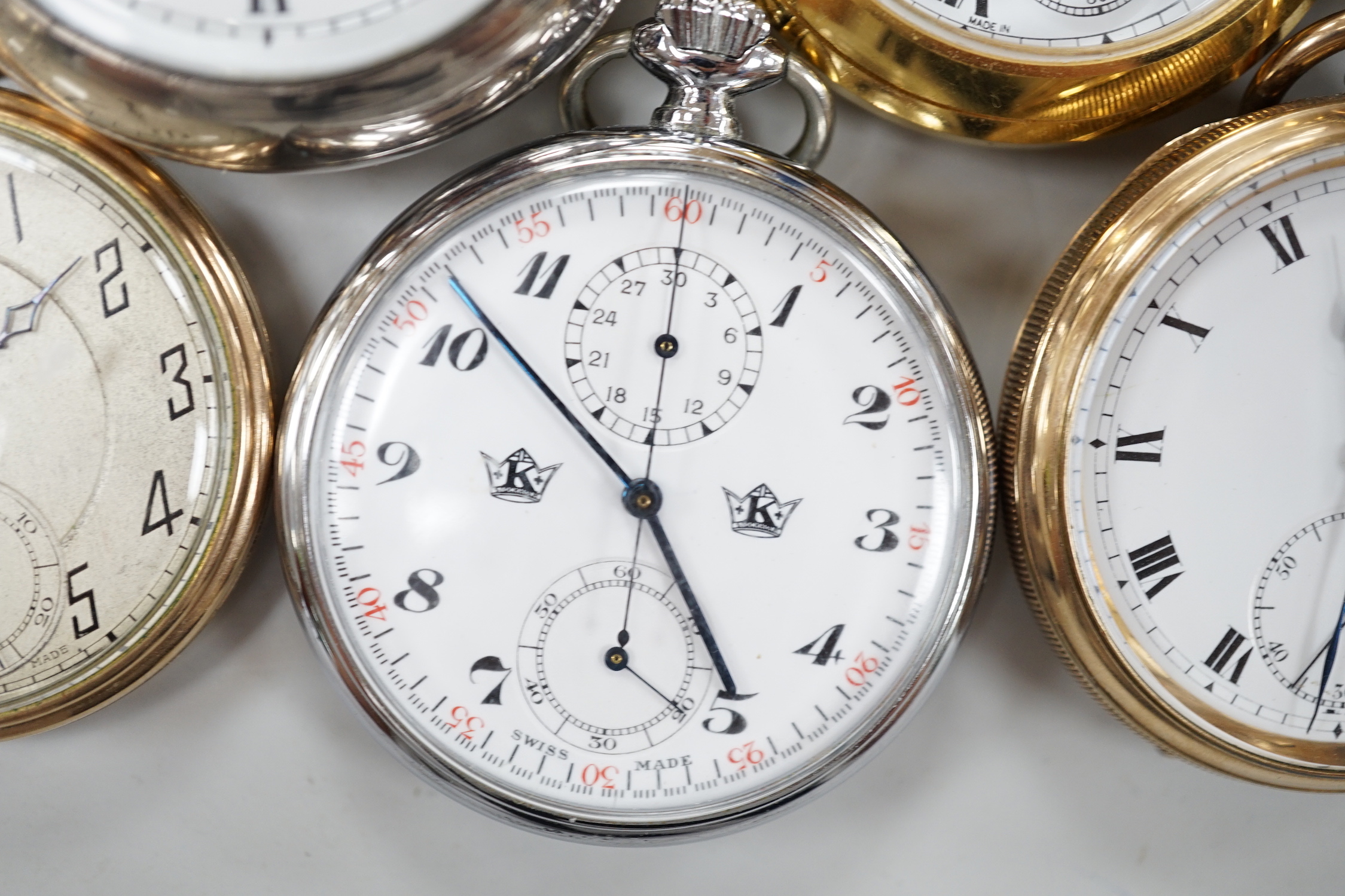 Eleven assorted silver or base metal pocket watches including Cymrex, Sun-Dial with decorated case and silver half hunter.